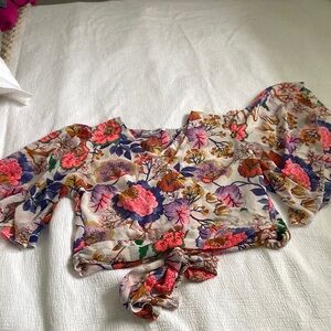 Express Red and Pink Ruffled Tie Front Blouse